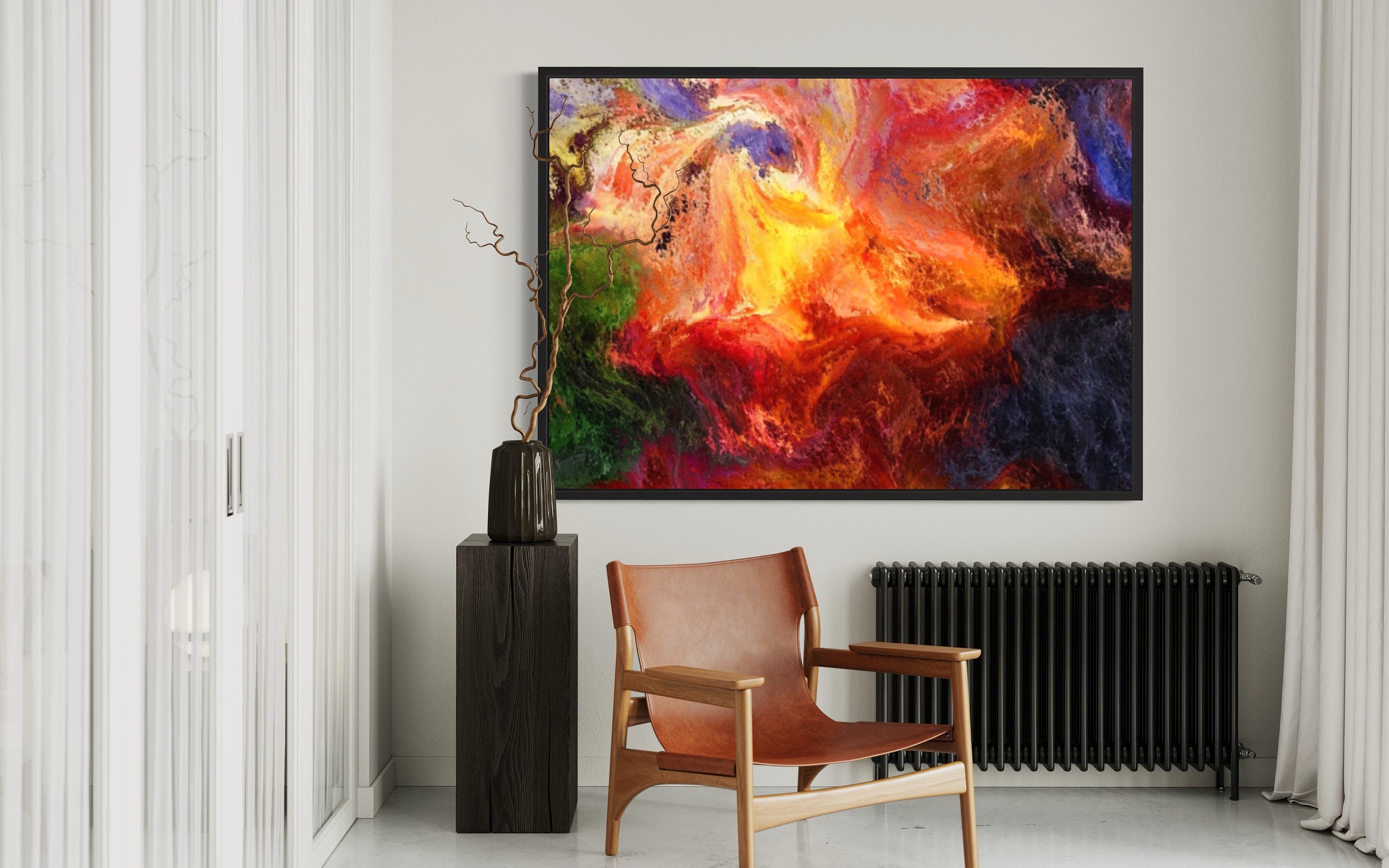 A vibrant and colorful abstract print featuring a blend of reds, oranges, blues, and greens, perfect for home decor.