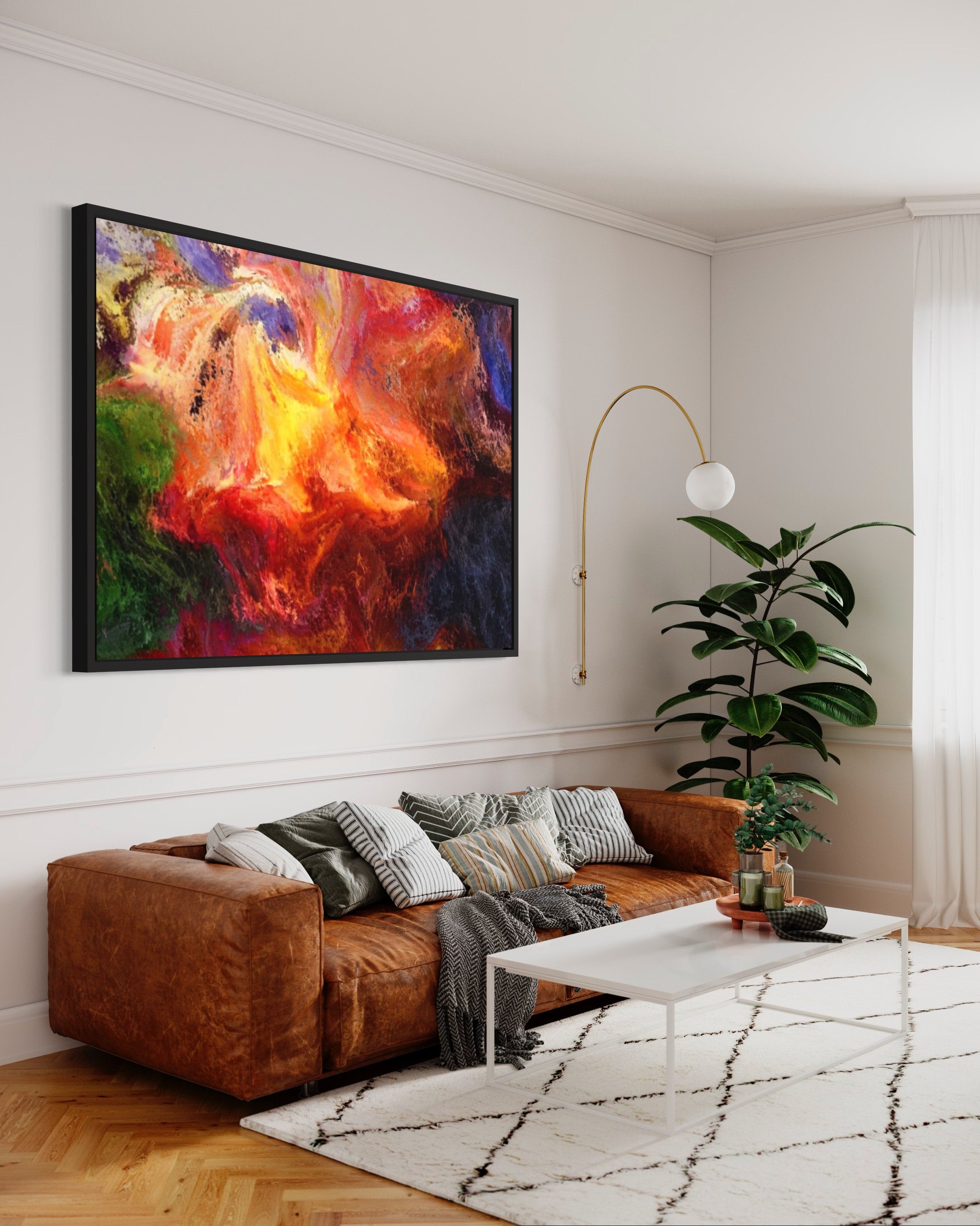 A vibrant and colorful abstract print featuring a blend of reds, oranges, blues, and greens, perfect for home decor.