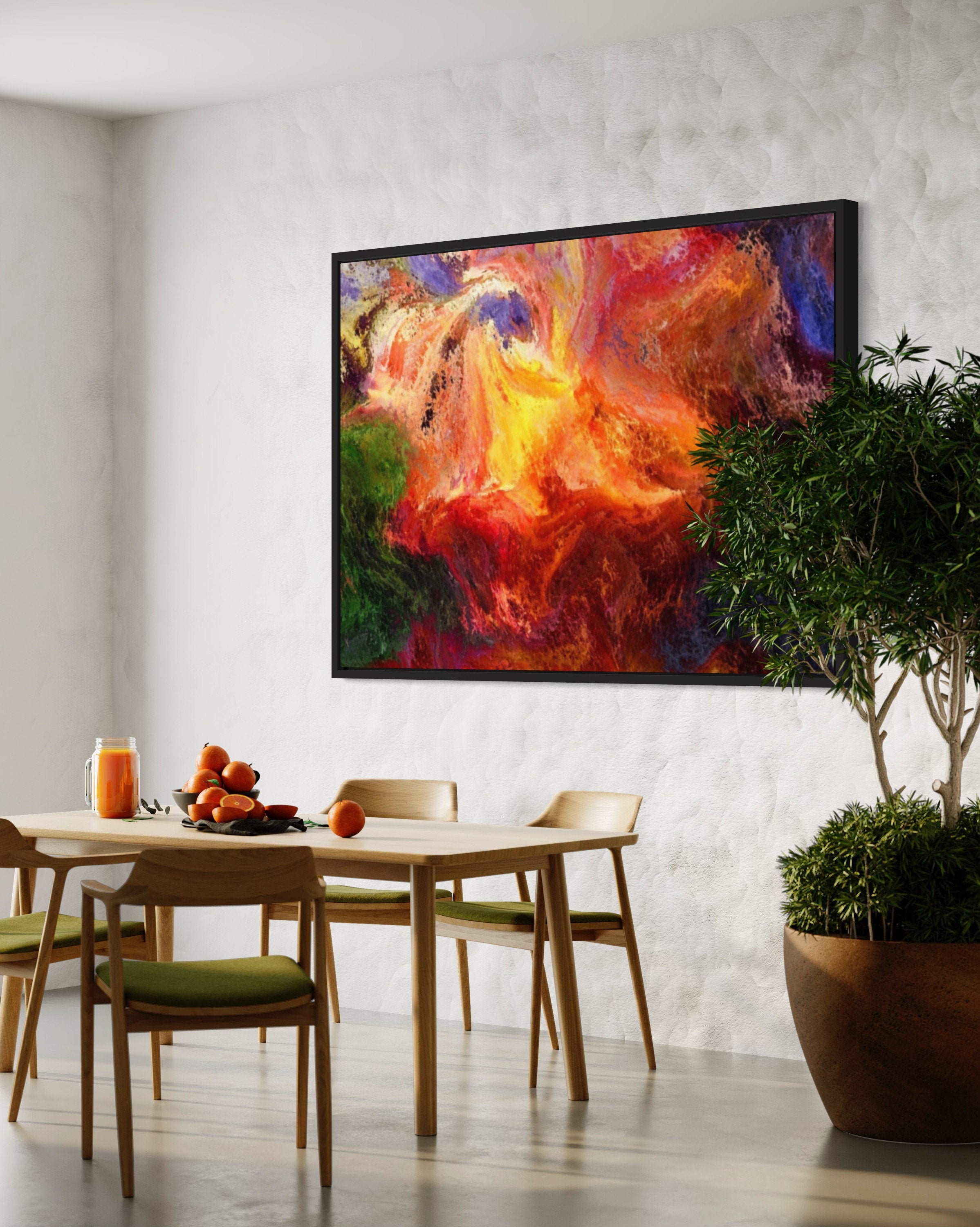 A vibrant and colorful abstract print featuring a blend of reds, oranges, blues, and greens, perfect for home decor.