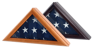 Commander Deluxe Flag Display Case showcasing a 3ft x 5ft flag, crafted from solid wood with glass front and elegant oak finish.