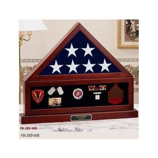 Combination Flag Display Case Shadow Box showcasing a flag and medals, crafted from Appalachian Hardwood with a cherry finish.