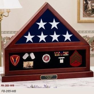 Combination Flag Display Case Shadow Box made of Appalachian Hardwood with a Queen Anne Cherry finish, showcasing a flag and medals.