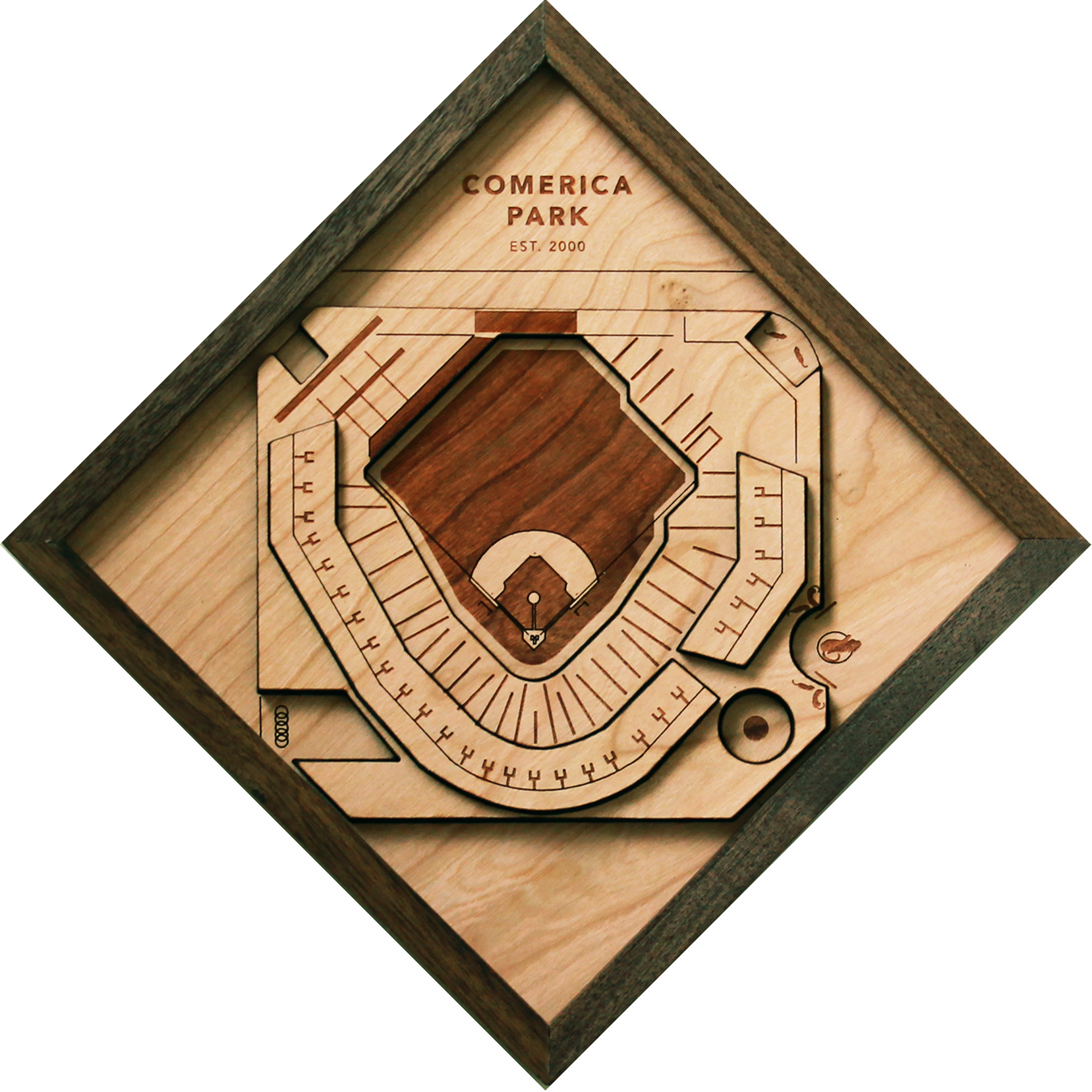 Handcrafted wooden representation of Comerica Park featuring tigers, ferris wheel, and merry-go-round, framed in black walnut.