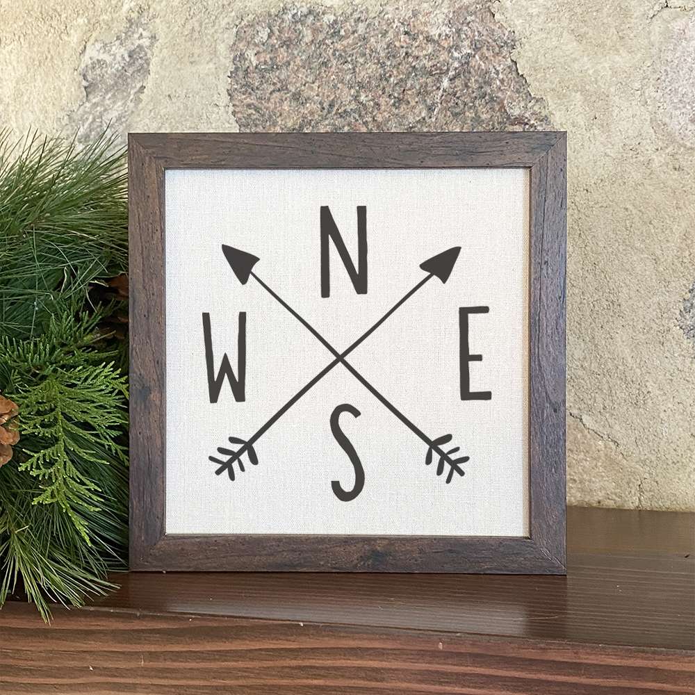 Stylish Compass with Arrows framed sign on a neutral background, showcasing a wood frame and eco-friendly printing.