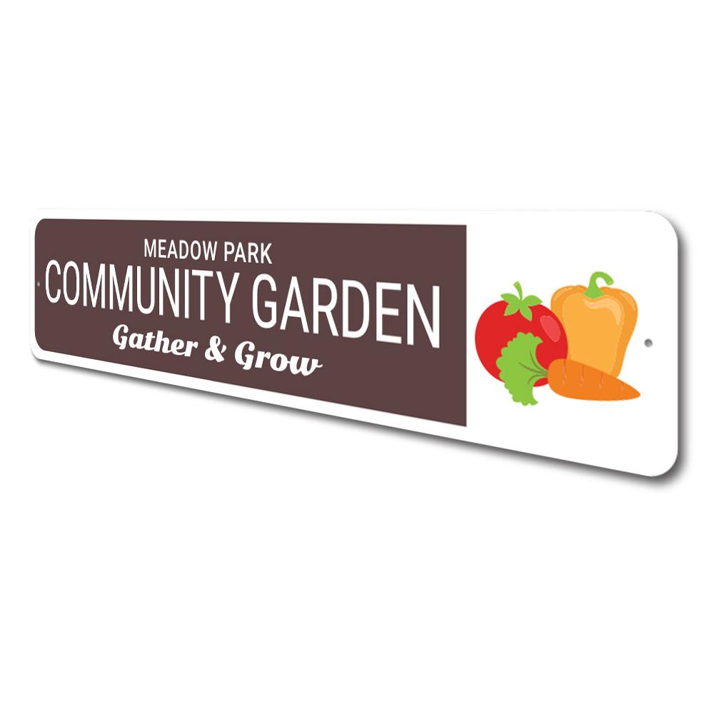 Customizable Community Garden Sign made of durable aluminum, featuring pre-drilled holes for easy mounting.