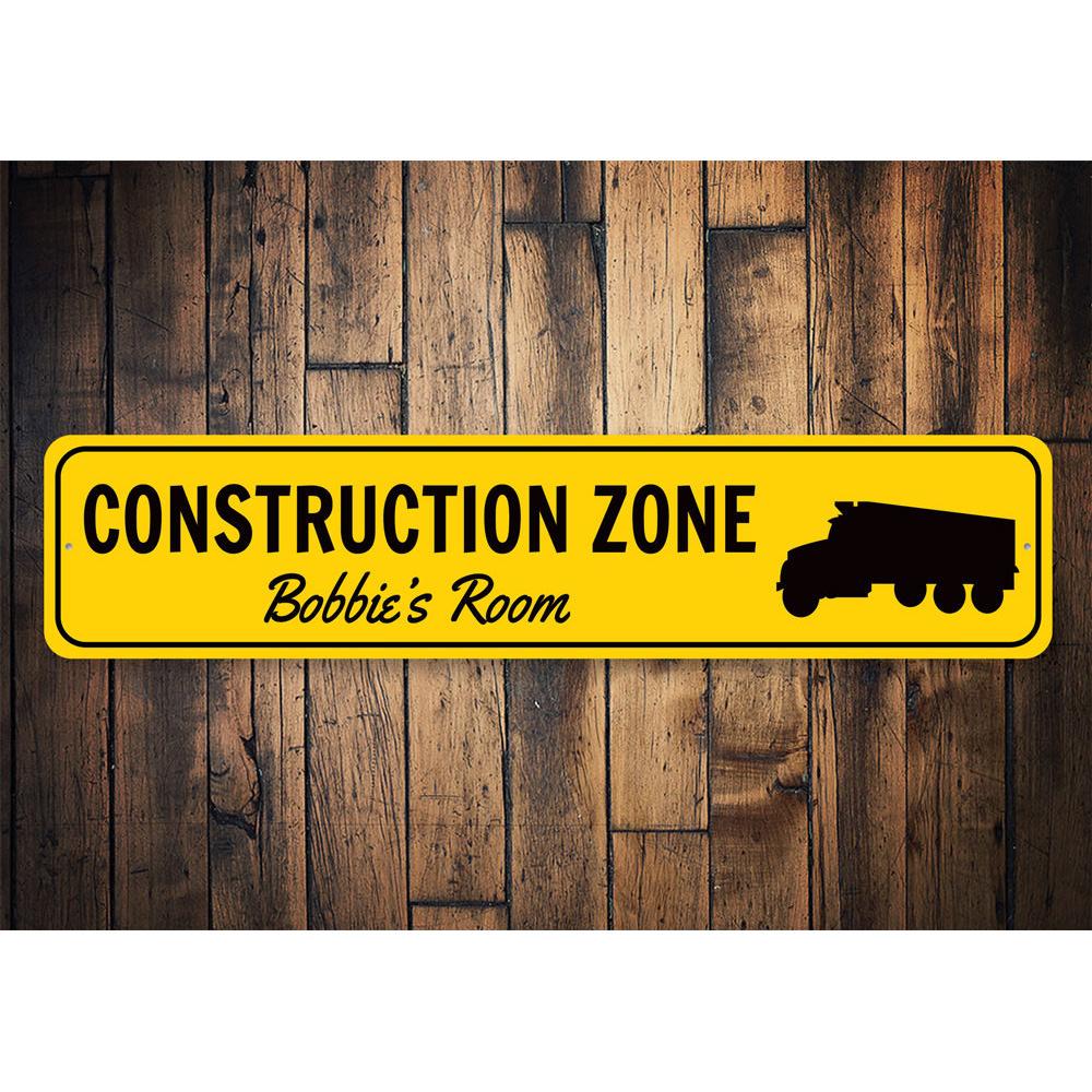 Colorful Construction Zone Sign made of durable aluminum, featuring customizable text for personal touch.