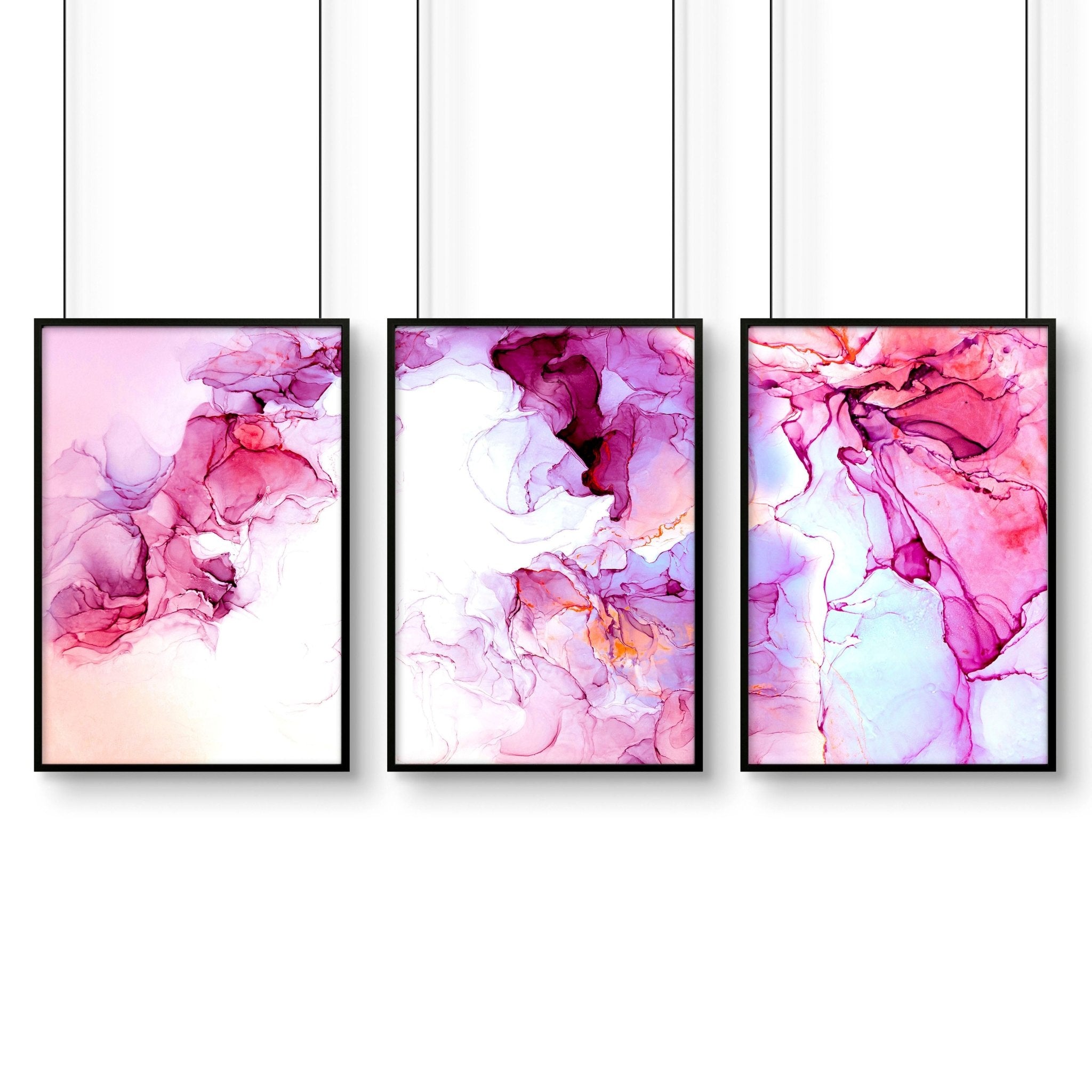 Set of 3 contemporary wall art prints featuring vibrant magenta alcohol ink designs, perfect for home or office decor.