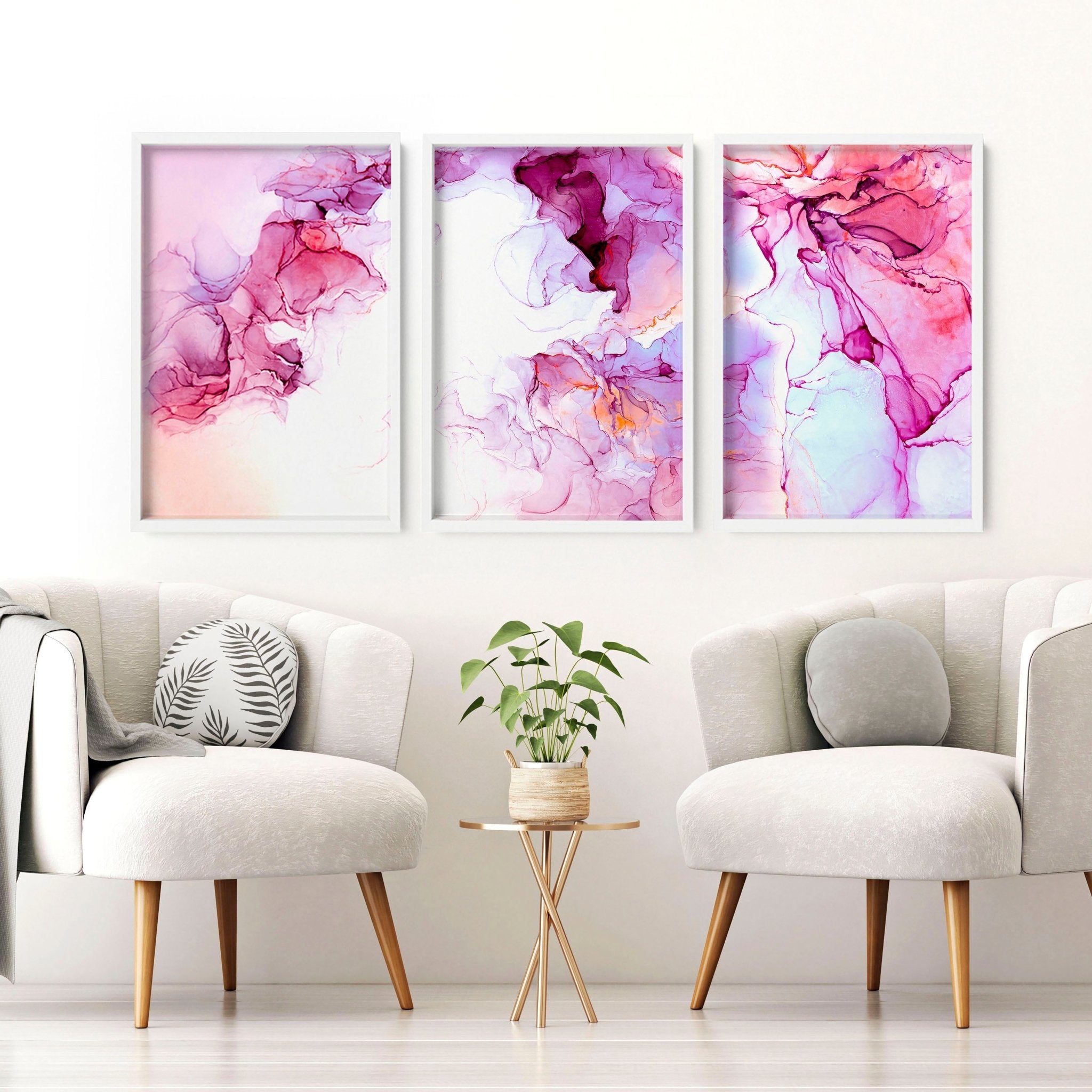 Set of 3 contemporary wall art prints featuring vibrant magenta alcohol ink designs, perfect for home or office decor.