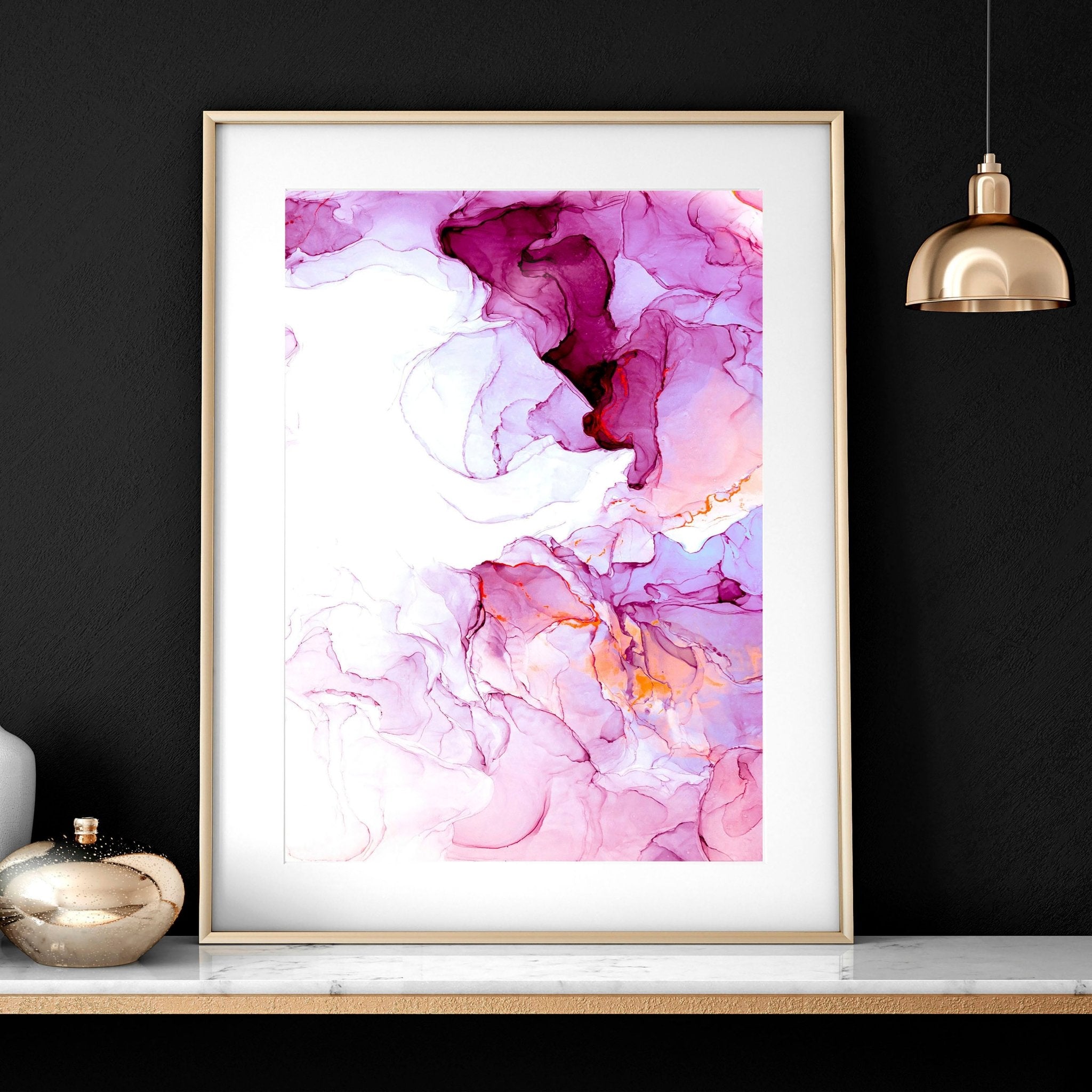 Set of 3 contemporary wall art prints featuring vibrant magenta alcohol ink designs, perfect for home or office decor.