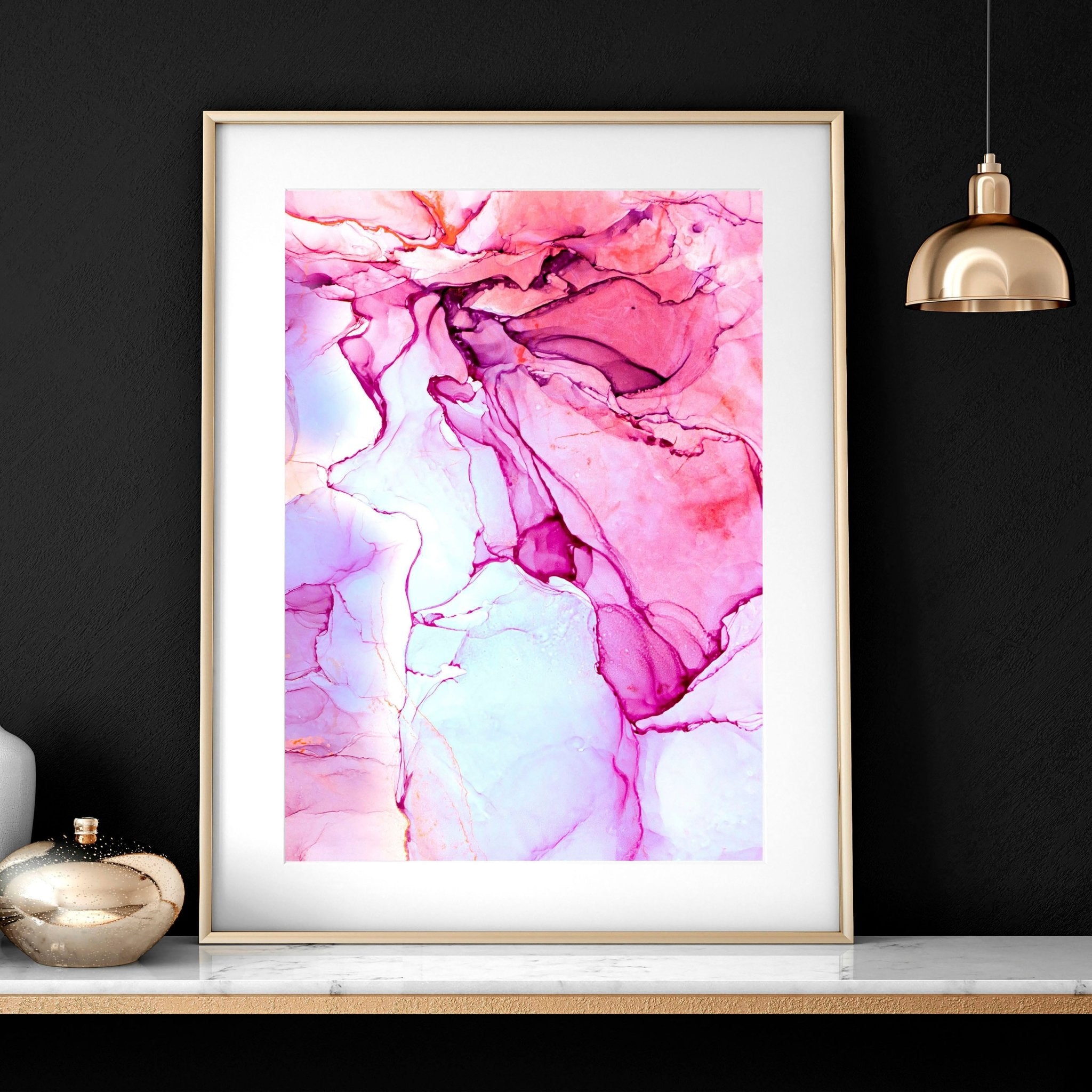 Set of 3 contemporary wall art prints featuring vibrant magenta alcohol ink designs, perfect for home or office decor.