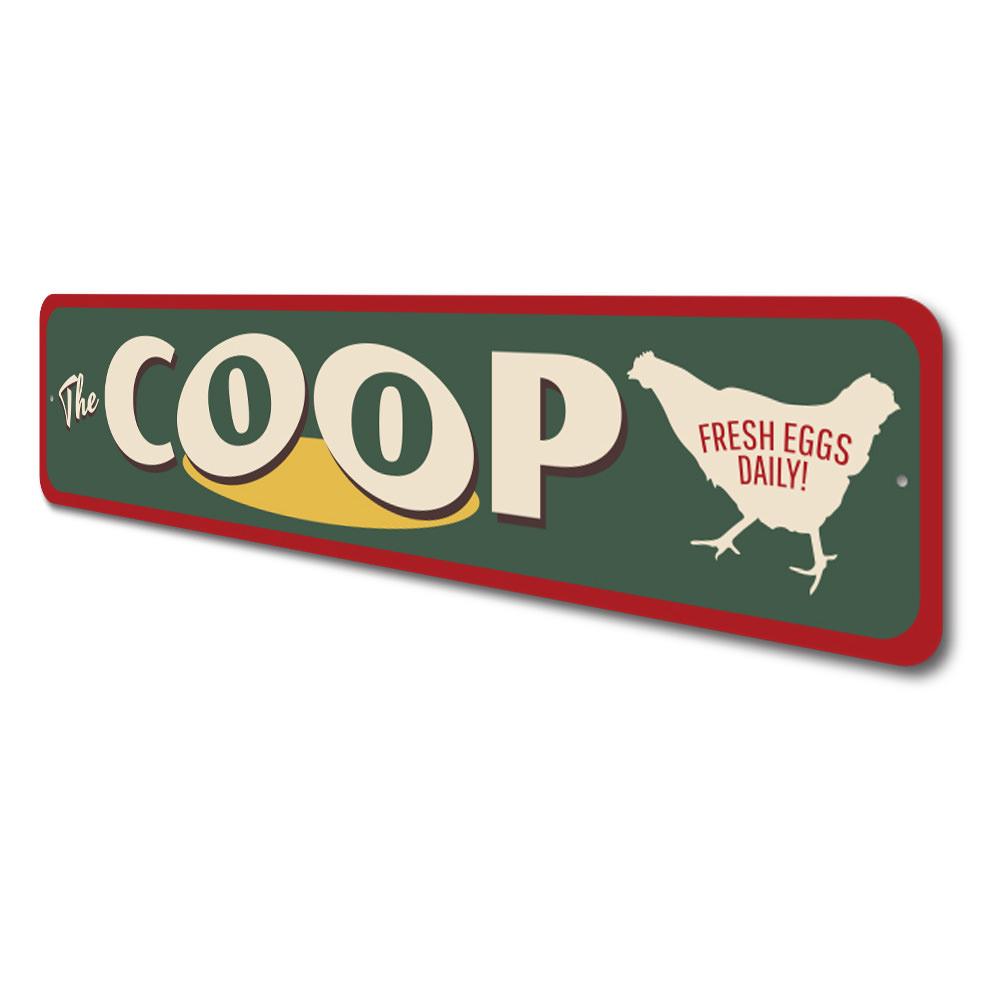 A beautifully crafted Coop Sign made of high-quality aluminum, featuring customizable text and pre-drilled holes for easy mounting.