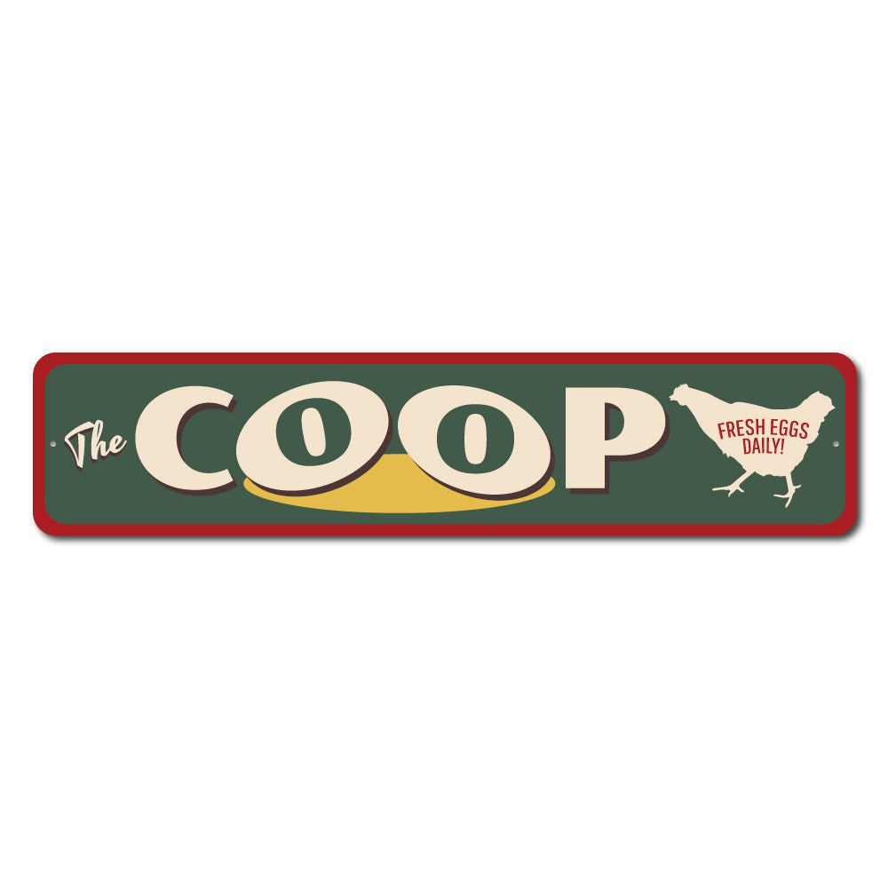 A beautifully crafted Coop Sign made of high-quality aluminum, featuring customizable text and pre-drilled holes for easy mounting.