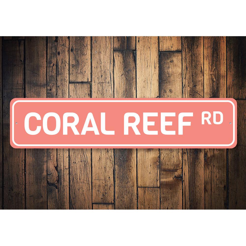 Coral Reef Road Sign featuring vibrant colors and beach-themed design, perfect for coastal decor.