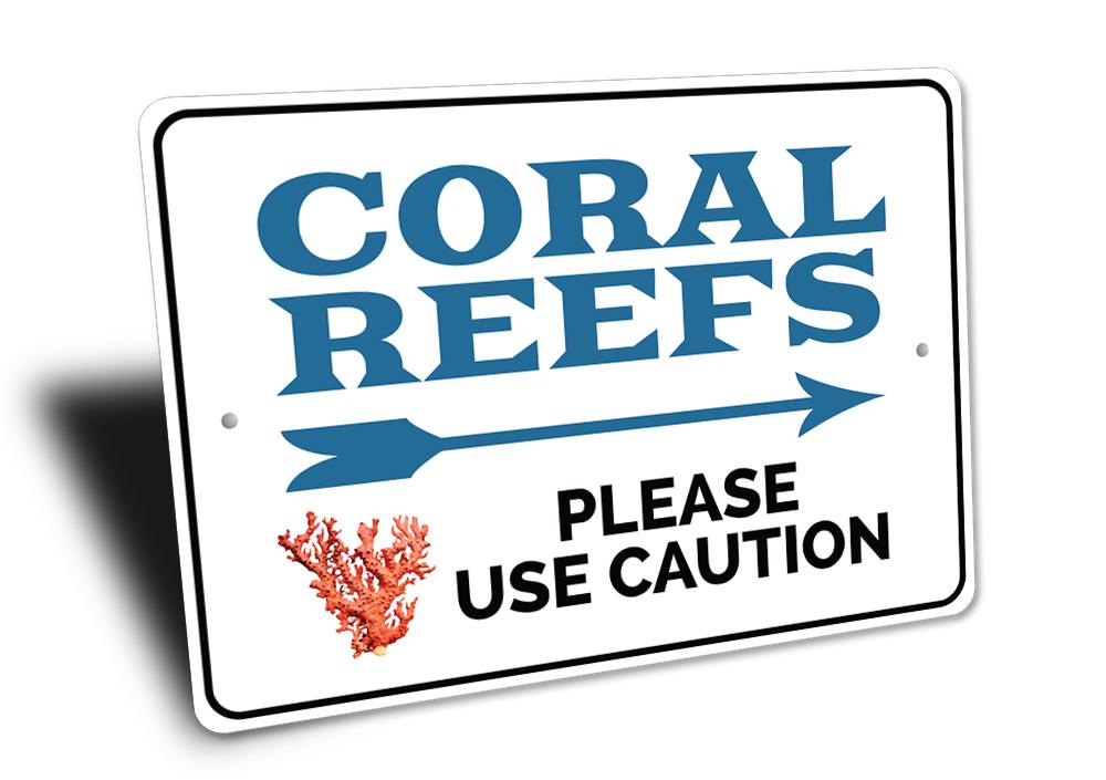 A vibrant Coral Reefs Sign made of high-quality aluminum, featuring colorful marine life and beach-themed designs, perfect for coastal decor.