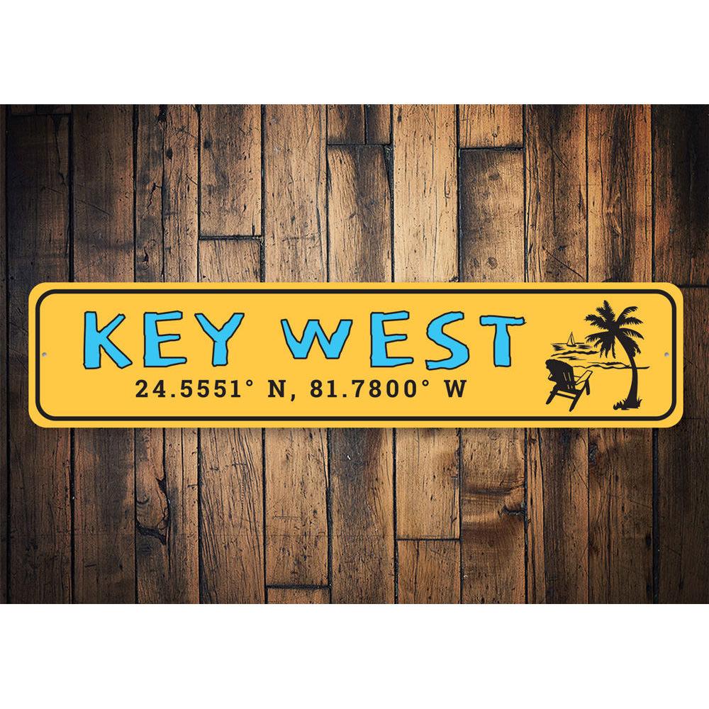 Coordinates Key West Florida Sign made of high-quality aluminum, featuring customizable text and pre-drilled holes for easy mounting.