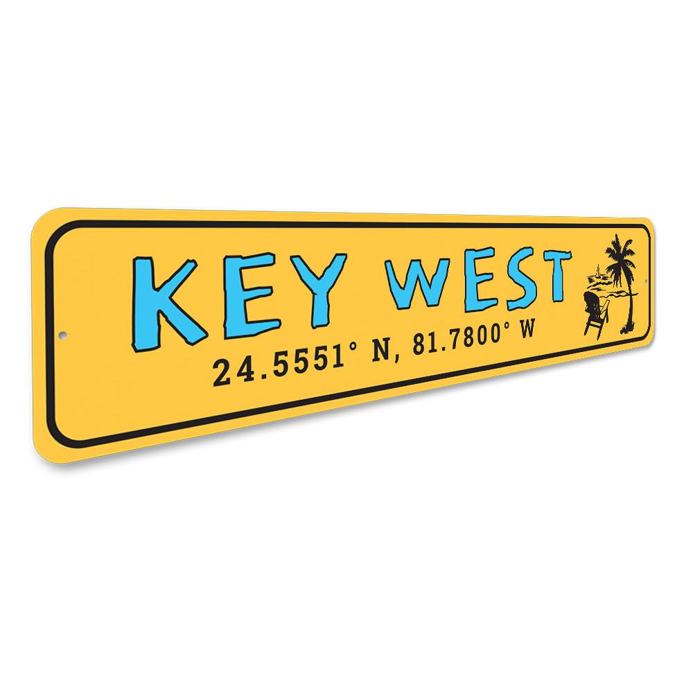 Coordinates Key West Florida Sign made of high-quality aluminum, featuring customizable text and pre-drilled holes for easy mounting.