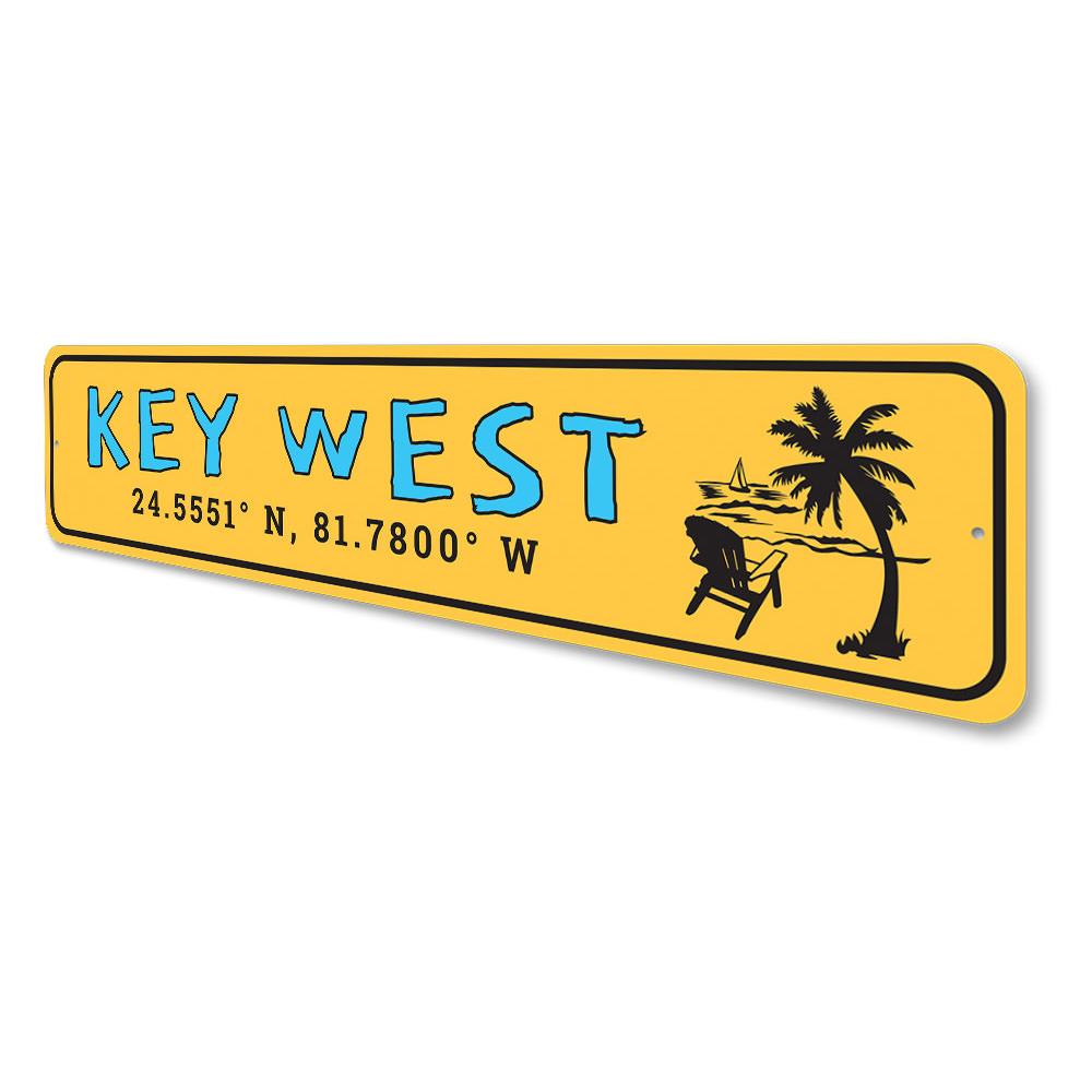 Coordinates Key West Florida Sign made of high-quality aluminum, featuring customizable text and pre-drilled holes for easy mounting.