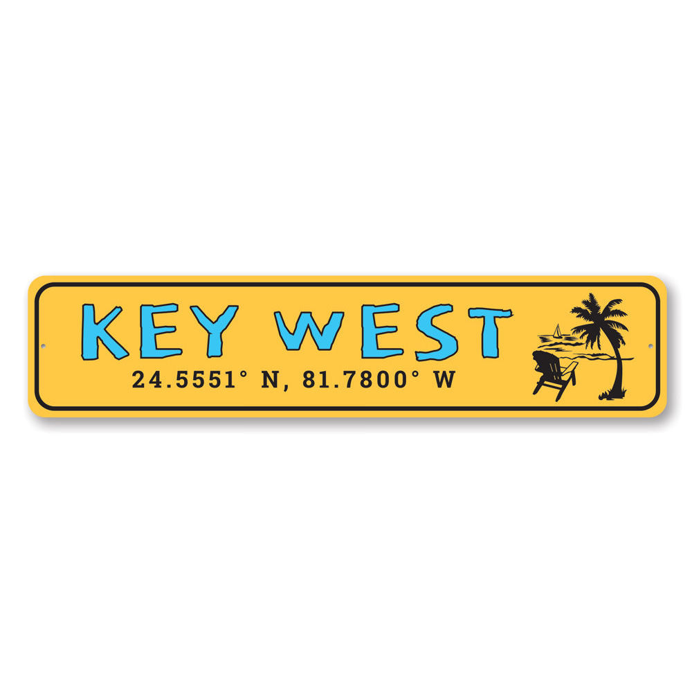 Coordinates Key West Florida Sign made of high-quality aluminum, featuring customizable text and pre-drilled holes for easy mounting.