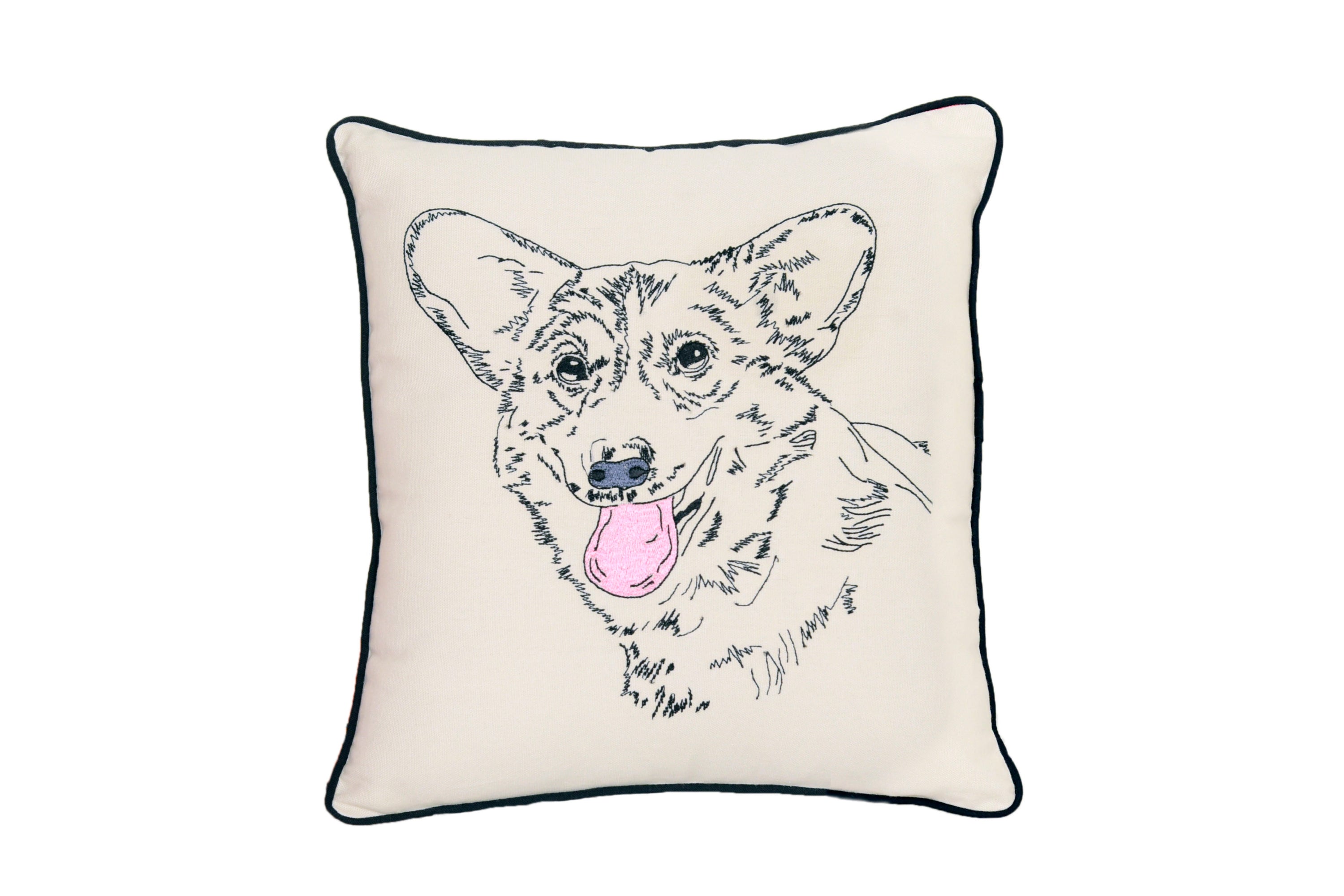 Corgi Portrait Dog Pillow featuring embroidered Corgi designs on 100% cotton canvas with black piping.