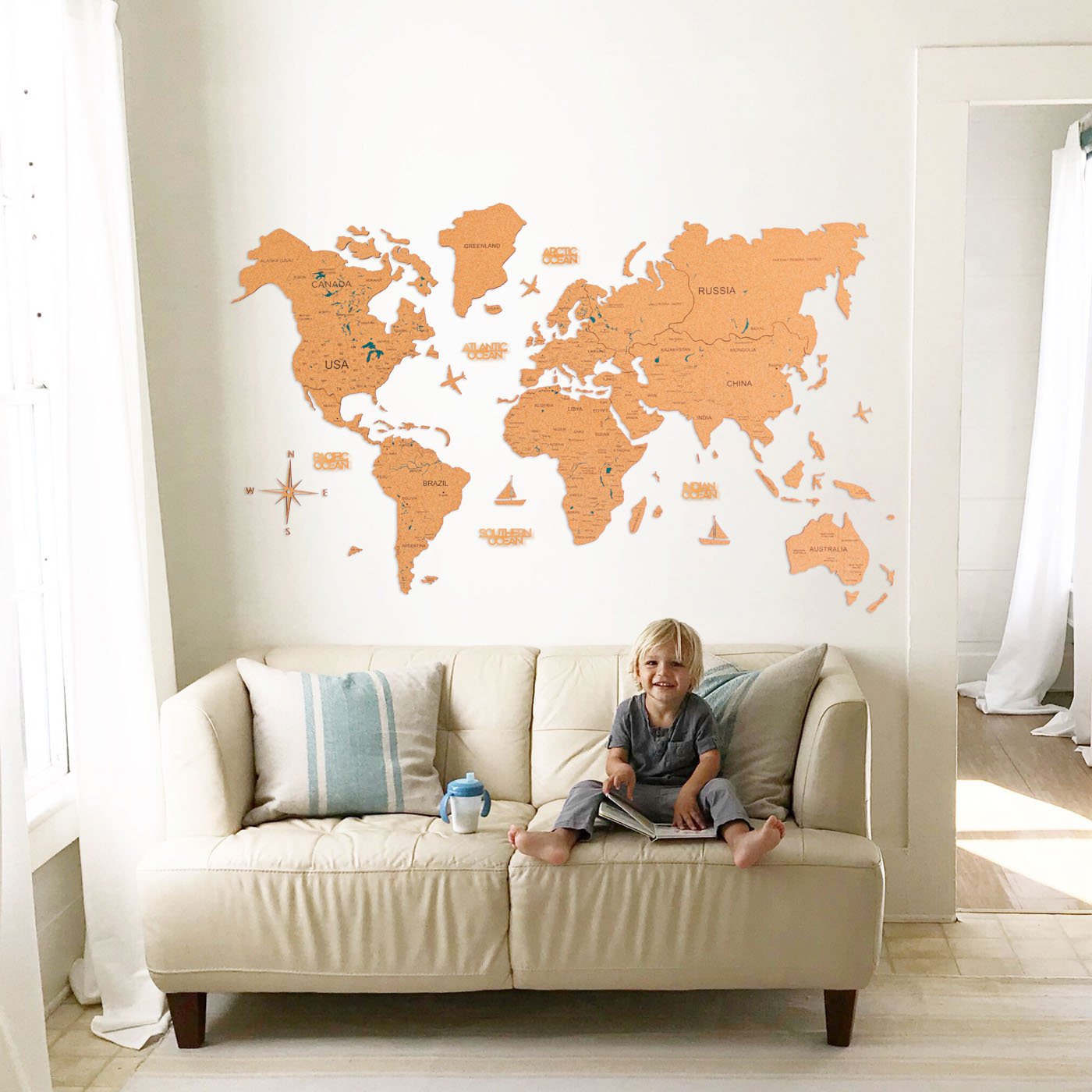 Cork World Map Light showcasing detailed geographical names and ocean features, beautifully illuminated.