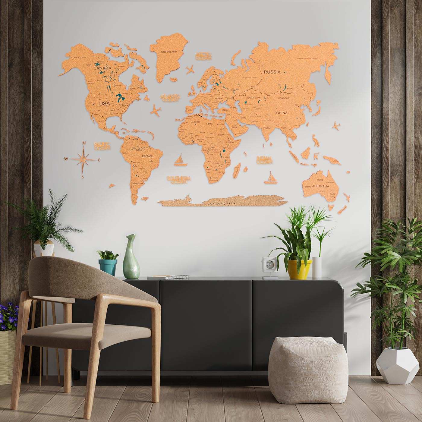 Cork World Map Light showcasing detailed geographical names and ocean features, beautifully illuminated.