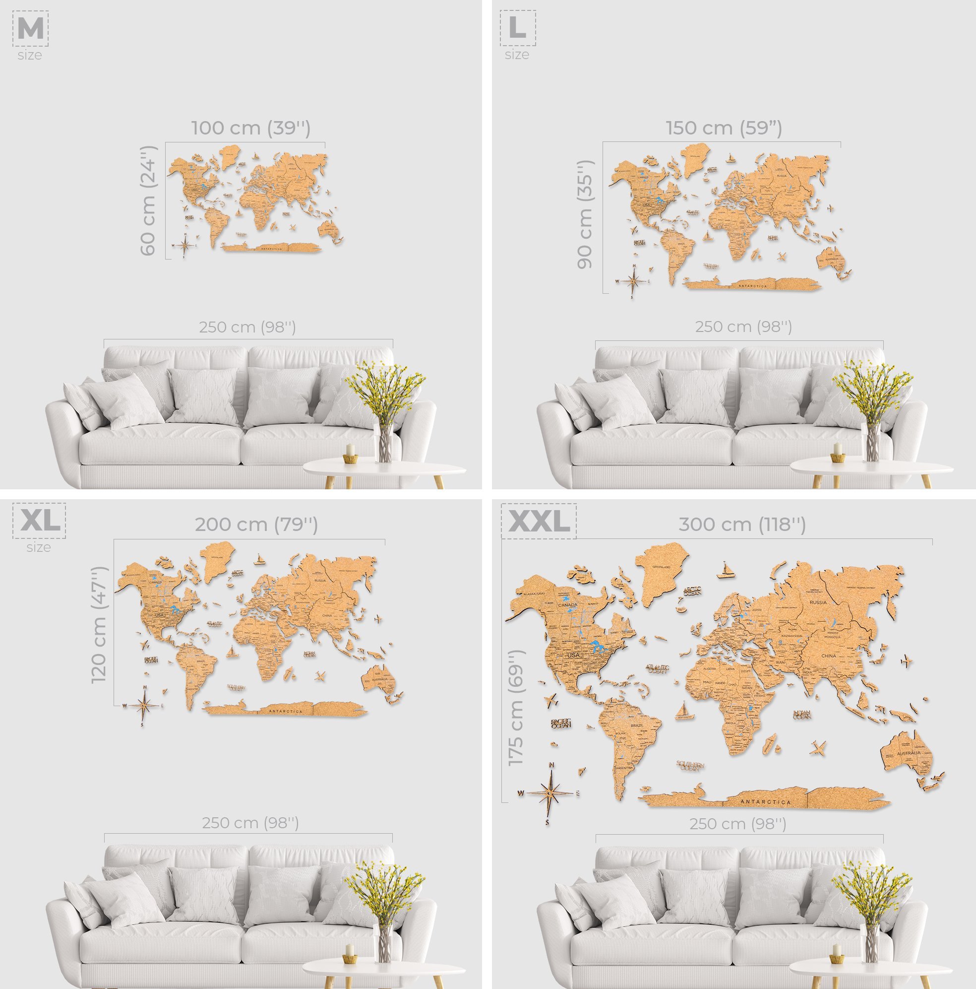 Cork World Map Light showcasing detailed geographical names and ocean features, beautifully illuminated.