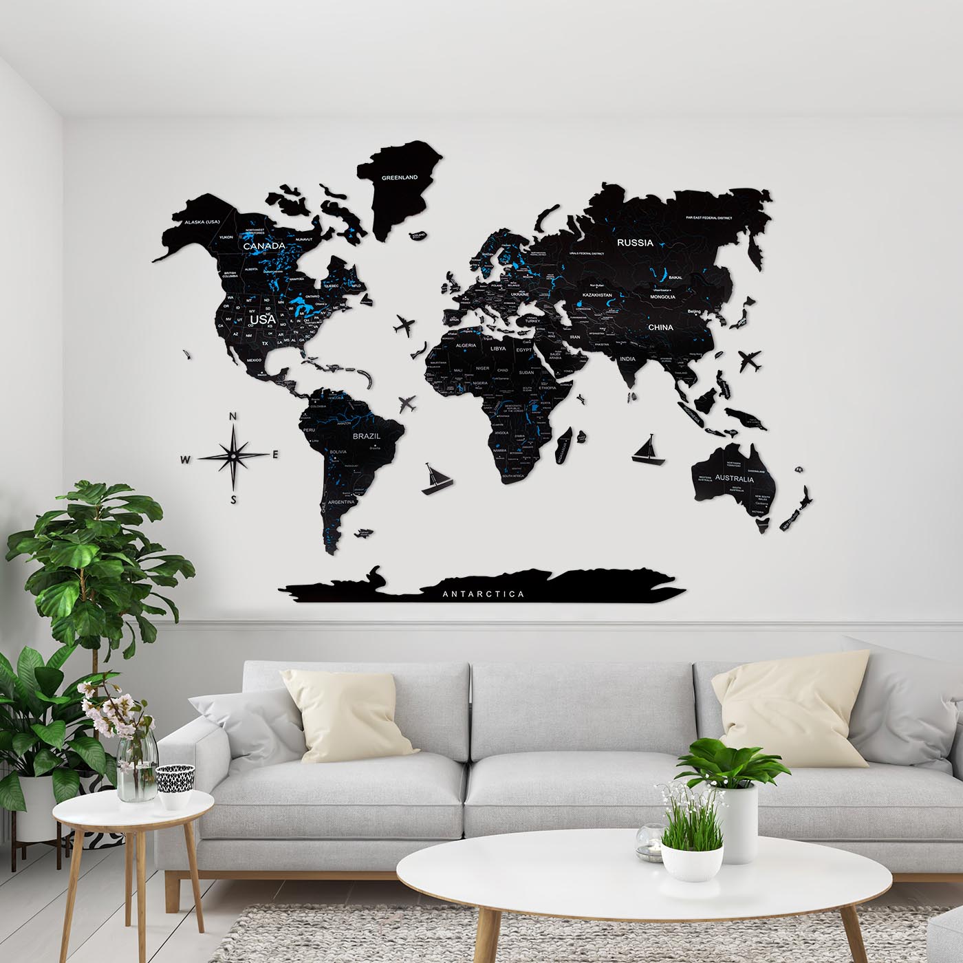 Cork World Map Light showcasing detailed geographical names and ocean features, beautifully illuminated.