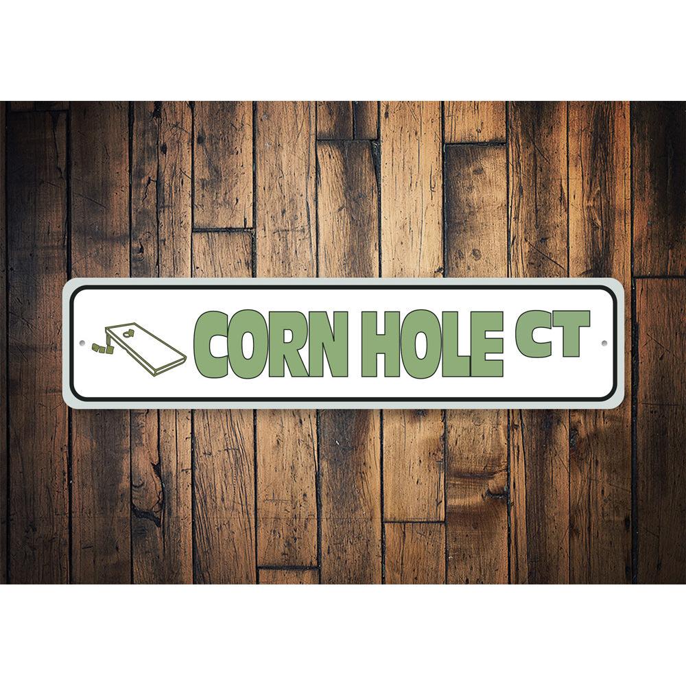 Custom Corn Hole Street Sign made from quality aluminum, featuring vibrant colors and a playful design, perfect for home decor.