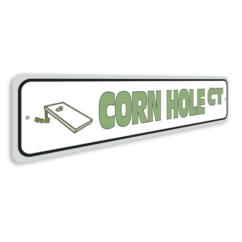 Custom Corn Hole Street Sign made from quality aluminum, featuring vibrant colors and a playful design, perfect for home decor.