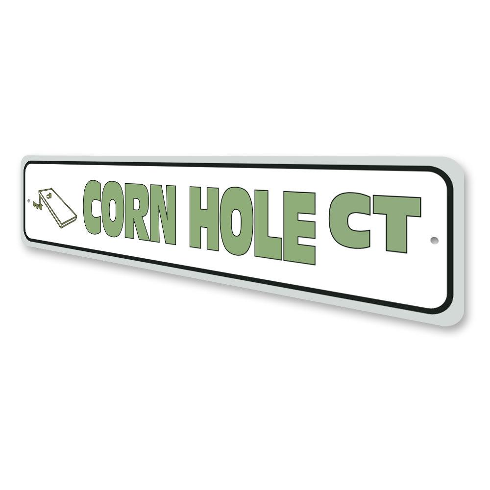 Custom Corn Hole Street Sign made from quality aluminum, featuring vibrant colors and a playful design, perfect for home decor.