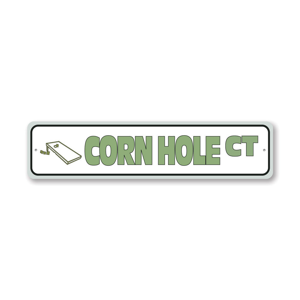 Custom Corn Hole Street Sign made from quality aluminum, featuring vibrant colors and a playful design, perfect for home decor.