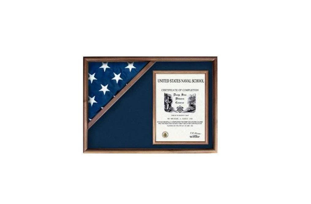 Walnut Corner Flag Case designed for 3' x 5' flags, elegantly displaying folded flags and memorabilia.