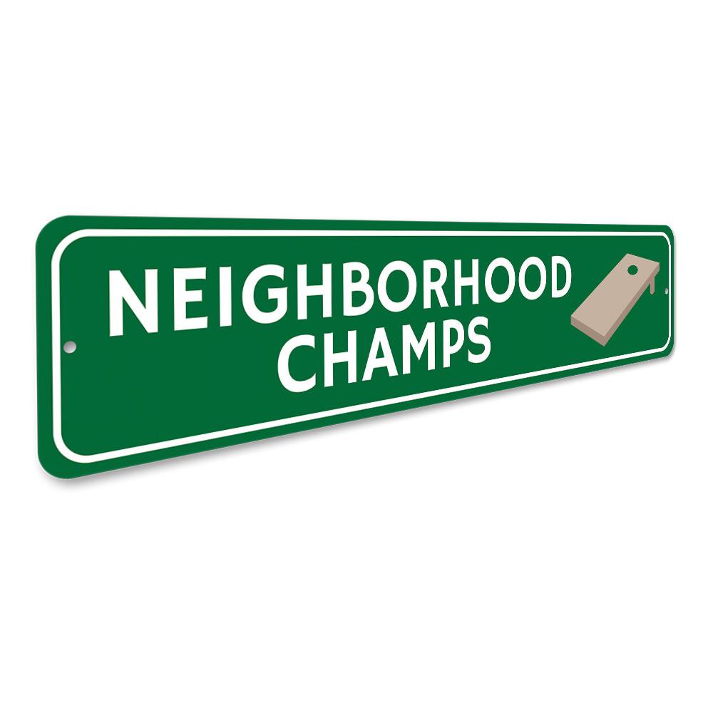 Cornhole Champs Sign made of high-quality aluminum, featuring customizable text and pre-drilled holes for easy mounting.