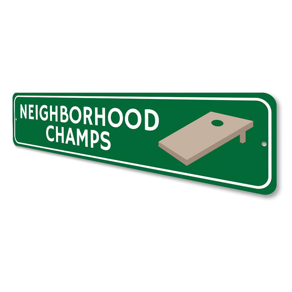 Cornhole Champs Sign made of high-quality aluminum, featuring customizable text and pre-drilled holes for easy mounting.