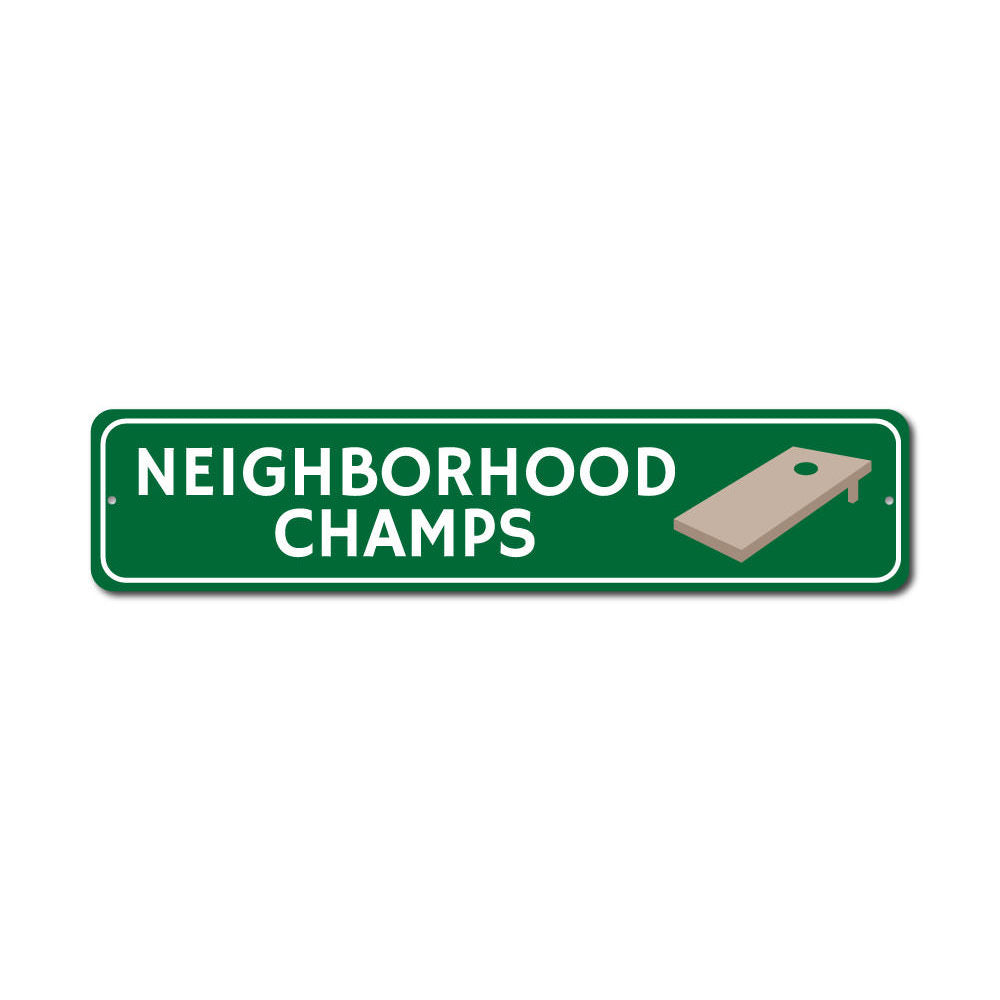 Cornhole Champs Sign made of high-quality aluminum, featuring customizable text and pre-drilled holes for easy mounting.