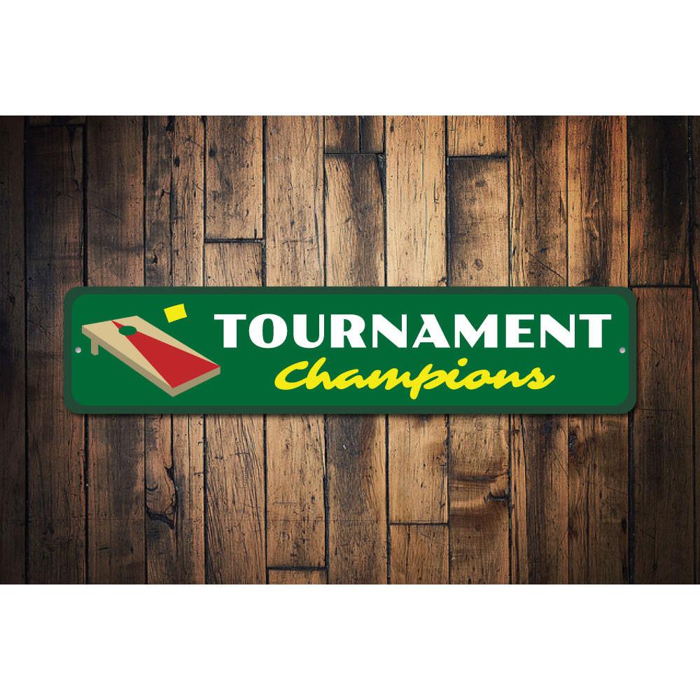 Customizable Cornhole Tournament Sign made of durable aluminum, featuring pre-drilled holes for easy mounting, perfect for game rooms or outdoor events.