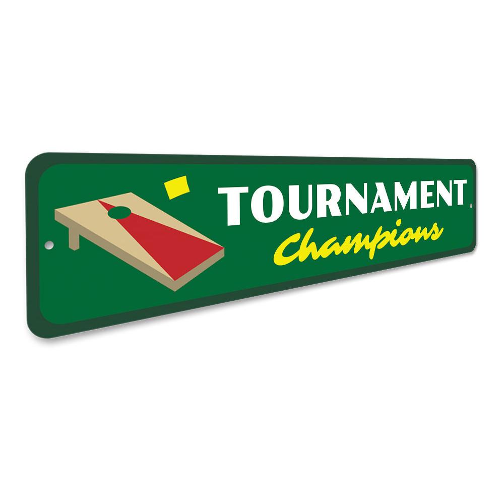 Customizable Cornhole Tournament Sign made of durable aluminum, featuring pre-drilled holes for easy mounting, perfect for game rooms or outdoor events.