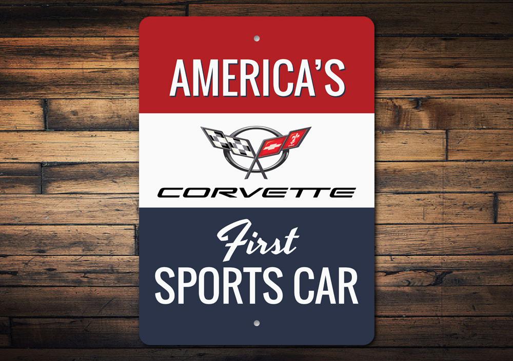 Corvette Americas First Sports Car Sign made of high-quality aluminum, featuring vibrant colors and a classic design, perfect for garages and man caves.