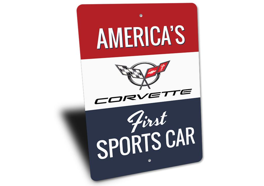 Corvette Americas First Sports Car Sign made of high-quality aluminum, featuring vibrant colors and a classic design, perfect for garages and man caves.