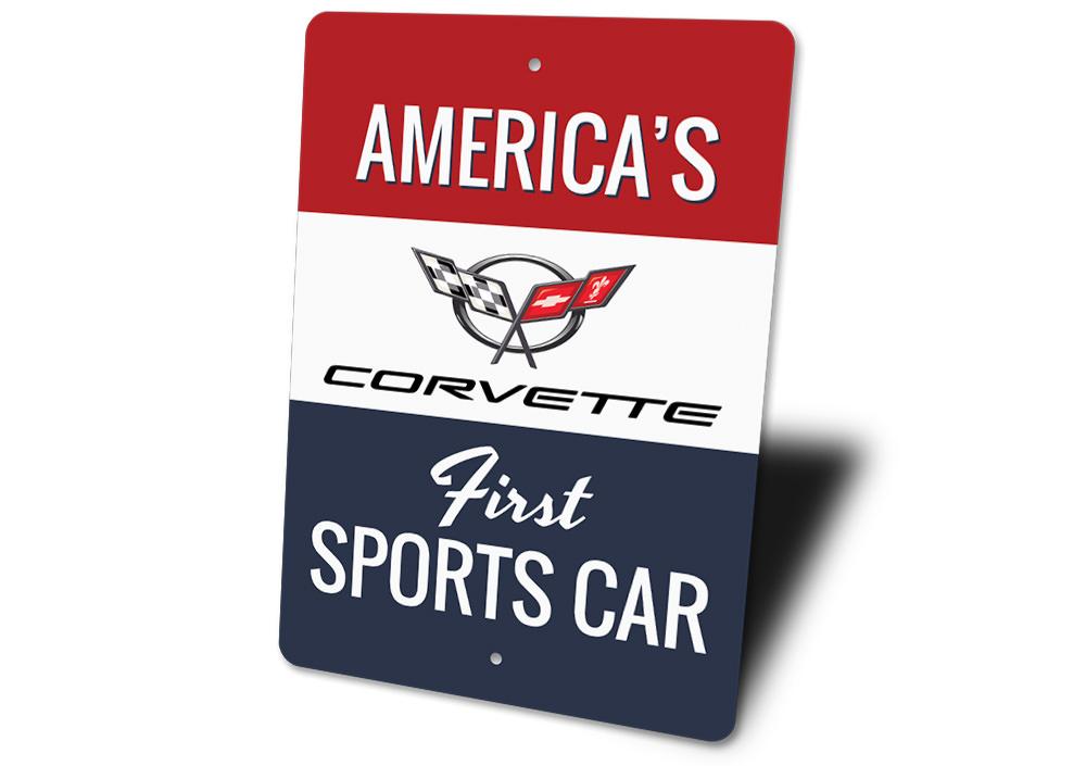 Corvette Americas First Sports Car Sign made of high-quality aluminum, featuring vibrant colors and a classic design, perfect for garages and man caves.