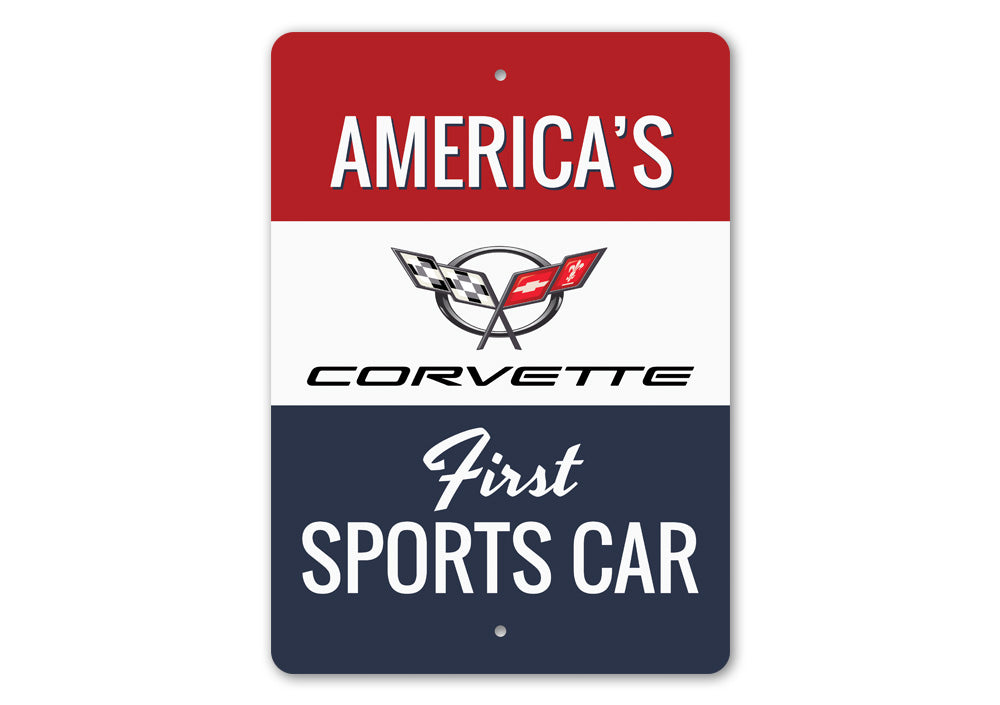 Corvette Americas First Sports Car Sign made of high-quality aluminum, featuring vibrant colors and a classic design, perfect for garages and man caves.