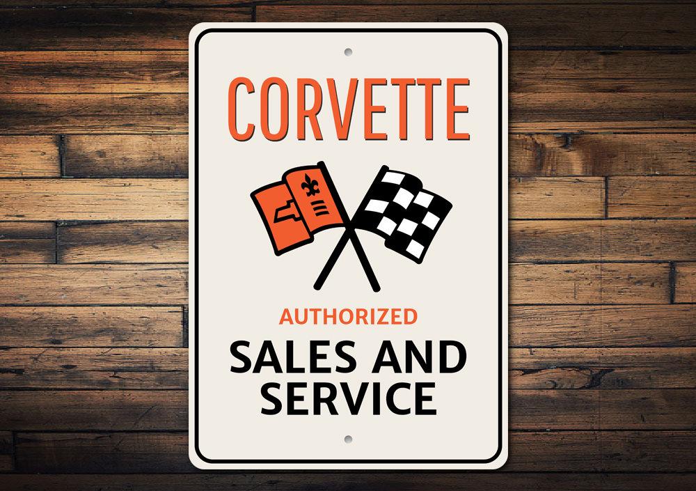 Corvette Authorized Service Sign made of high-quality aluminum, featuring vibrant colors and pre-drilled holes for easy mounting.