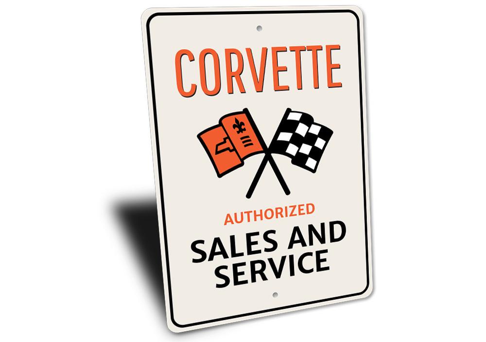 Corvette Authorized Service Sign made of high-quality aluminum, featuring vibrant colors and pre-drilled holes for easy mounting.