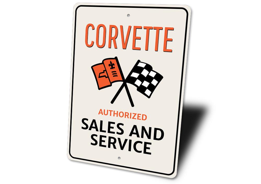 Corvette Authorized Service Sign made of high-quality aluminum, featuring vibrant colors and pre-drilled holes for easy mounting.