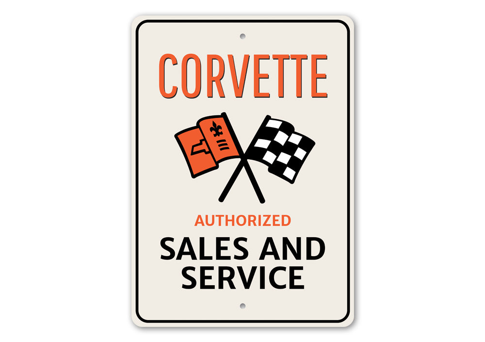 Corvette Authorized Service Sign made of high-quality aluminum, featuring vibrant colors and pre-drilled holes for easy mounting.