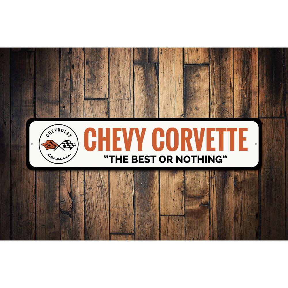 Corvette Flag Emblem Sign made of high-quality aluminum, featuring the iconic Corvette logo, perfect for garage or man cave decor.