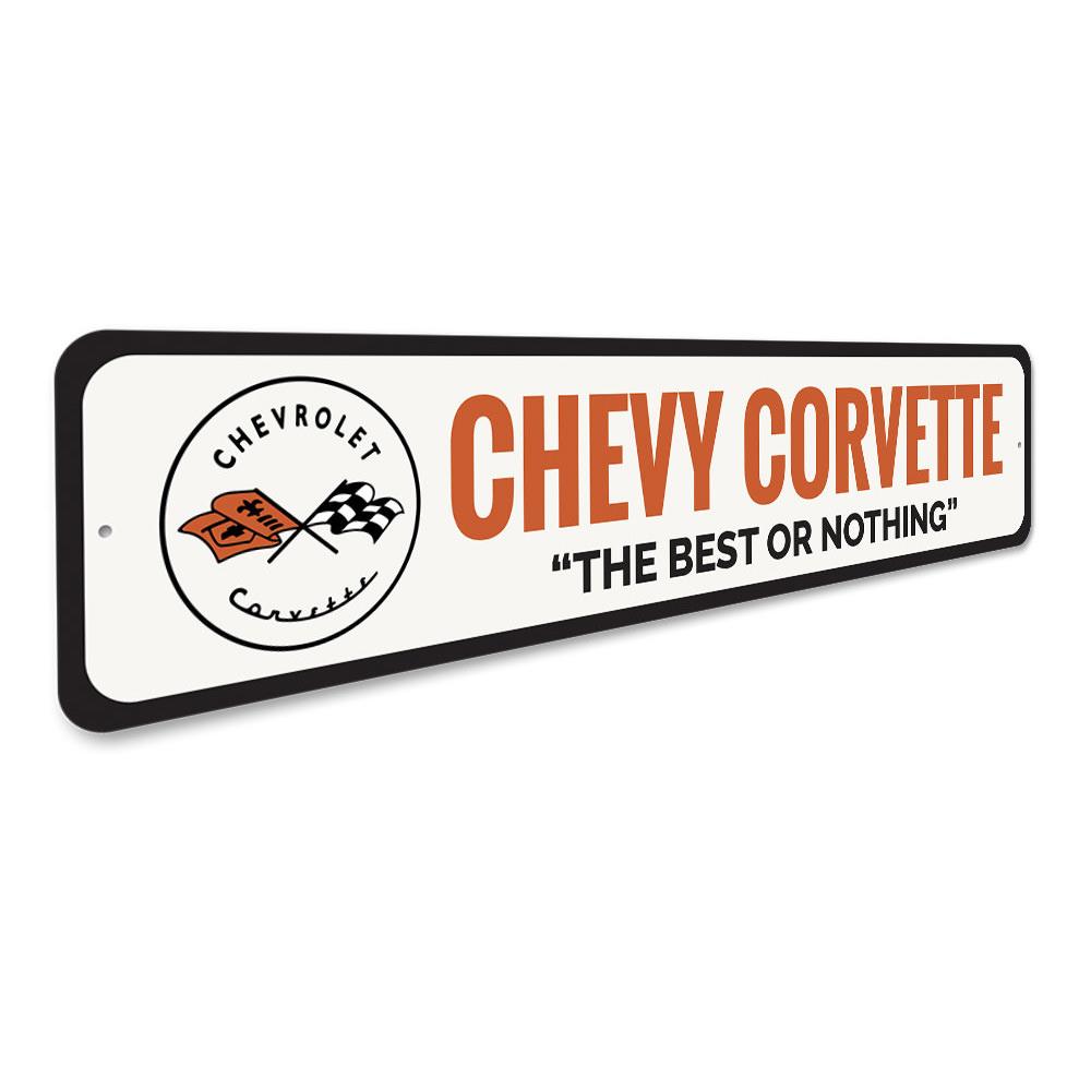 Corvette Flag Emblem Sign made of high-quality aluminum, featuring the iconic Corvette logo, perfect for garage or man cave decor.