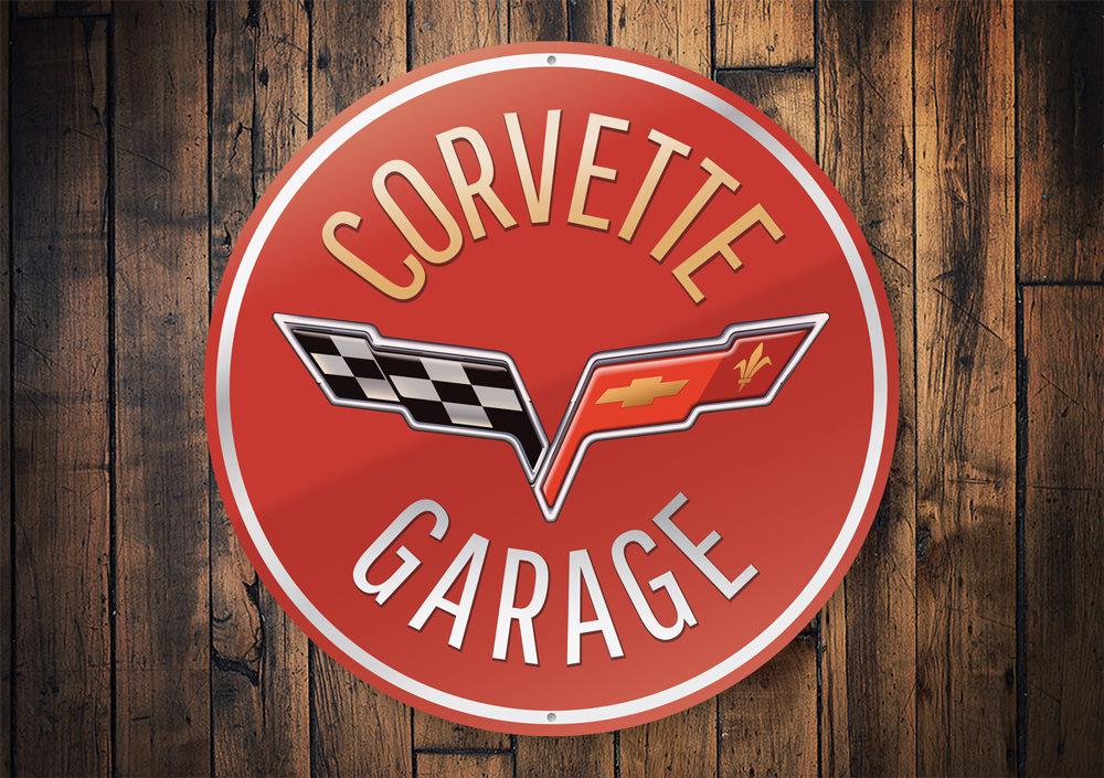 Corvette Garage Car Sign made of high-quality aluminum, featuring vibrant colors and customizable text, perfect for car enthusiasts.