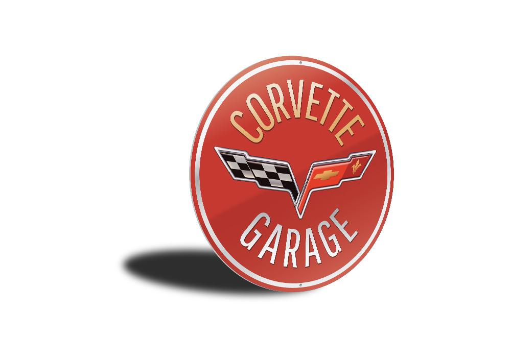 Corvette Garage Car Sign made of high-quality aluminum, featuring vibrant colors and customizable text, perfect for car enthusiasts.