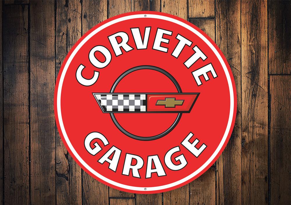 Corvette Garage Car Sign made of high-quality aluminum, featuring vibrant colors and customizable text, perfect for car enthusiasts.